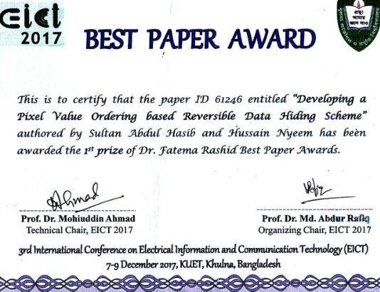 Award: EICT 2017 Best Paper Award was received at the Khulna University of Engineering and Technology (KUET), Khulna