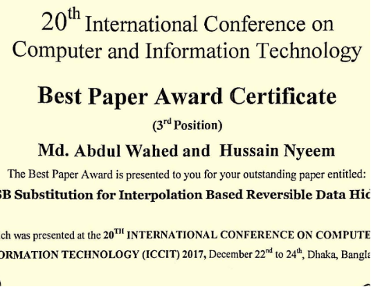 Award: Received the 3rd prize of the Best Paper Award at the 20th ICCIT 2017