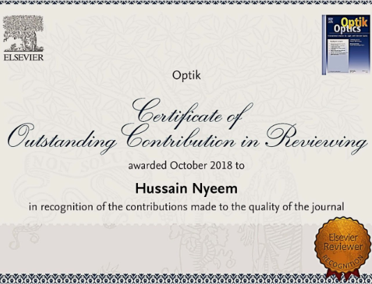 Award: Received the OPTIK (Elsevier) appreciation in October 2018 for the contribution in reviewing